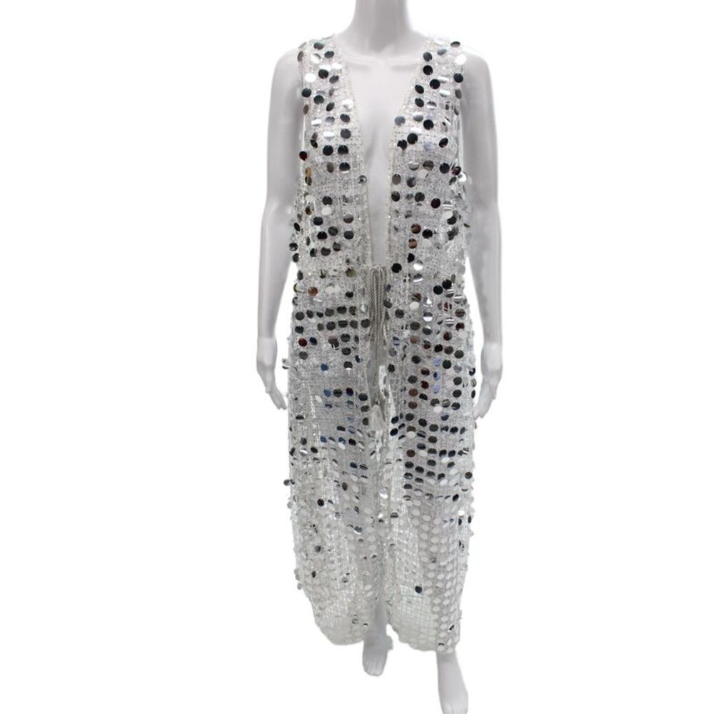 Ramy Brook Women Kimono Vest Silver V-Neck Sleeveless Long Size XL